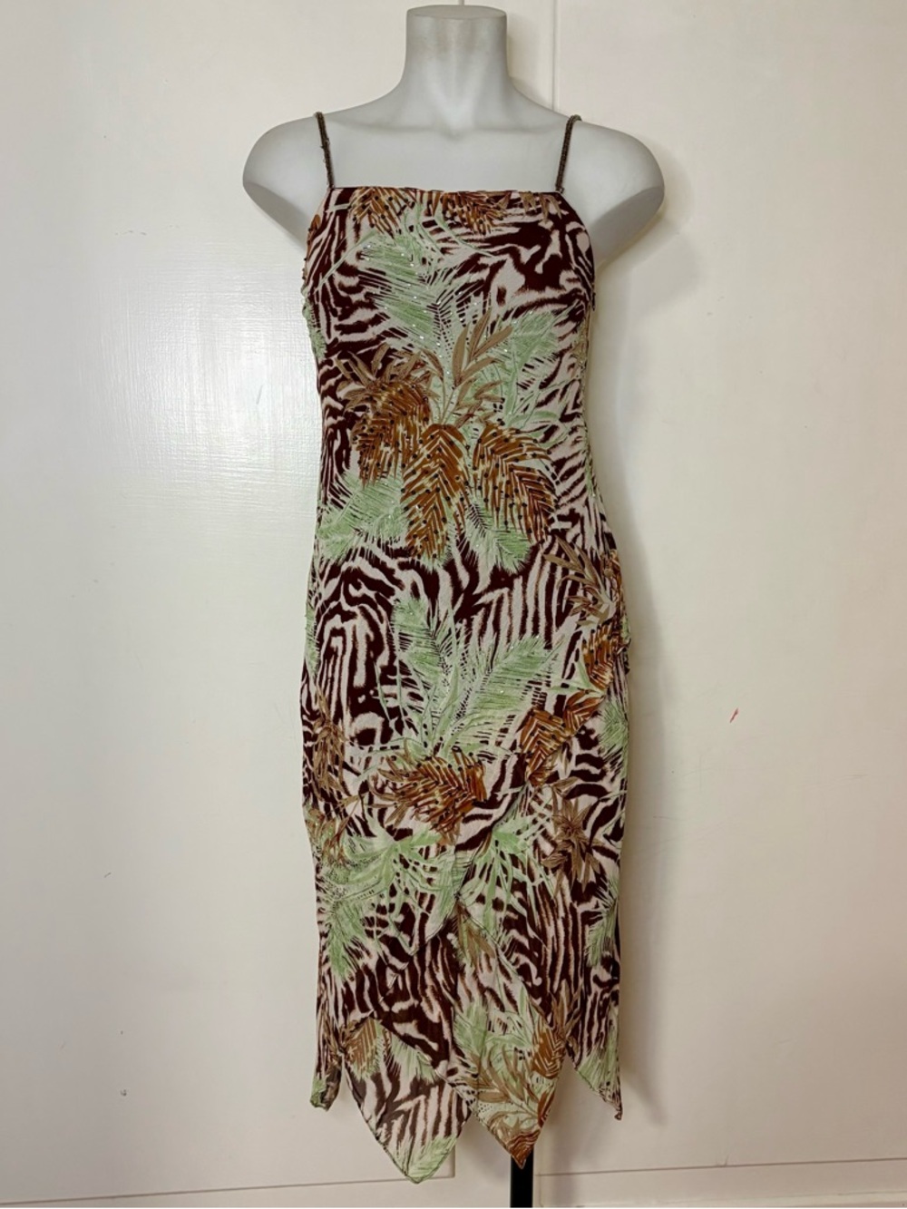 Vintage Green Brown Tropical Leaf Zebra Print Beaded Fairy Bias Cut Midi Dress